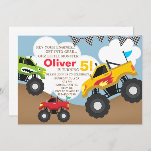 男の子モンスタートラックの誕生日の招待状。 招待状 (正面/裏面)