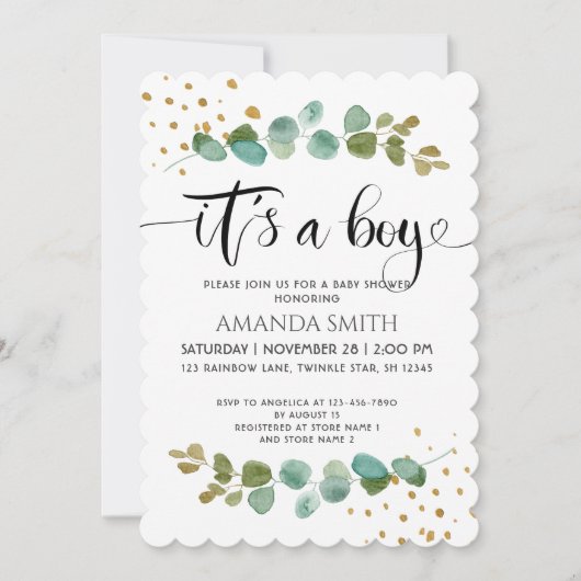 男の子ユーカリエレガントプスベイビーシャワー 招待状 (正面)