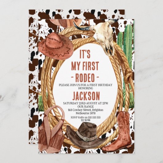 男の子ロープ私の最初のロデオカウボーイ1st誕生日 招待状 (正面/裏面)