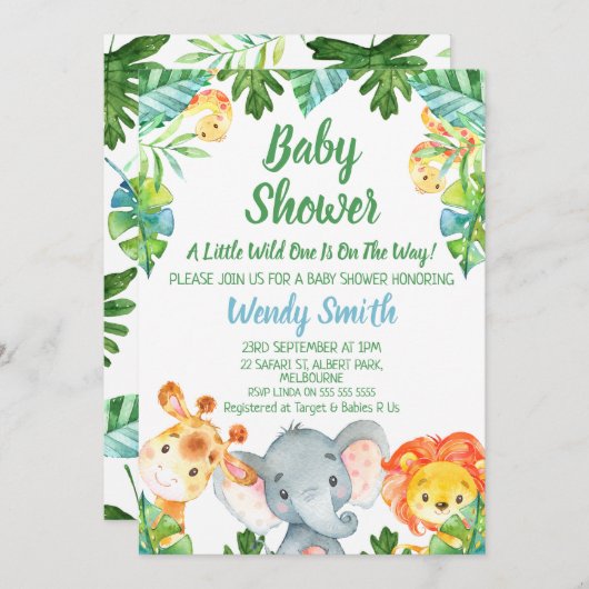 男の子ワイルドワンサファリアニマルベビシャワー 招待状 (正面/裏面)