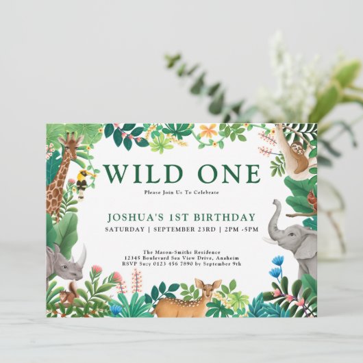 男の子ワイルドワンジャングルサファリアニマルズ1st誕生日 招待状 (スタンド正面)