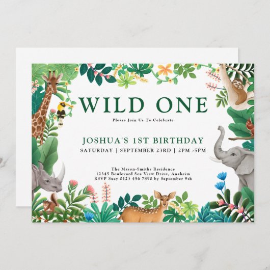 男の子ワイルドワンジャングルサファリアニマルズ1st誕生日 招待状 (正面/裏面)