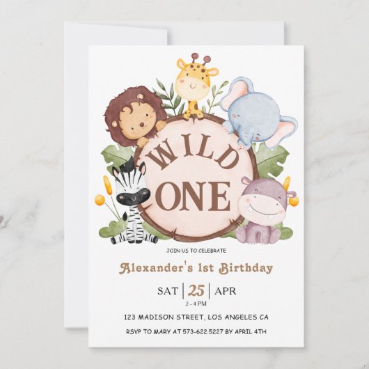 男の子ワイルドワン1歳の誕生日かわいいサファリの動物 招待状 (正面)