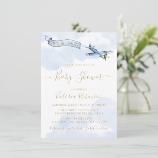 男の子ヴィンテージ飛行機の赤ちゃんシャワー 招待状 (スタンド正面)