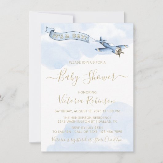 男の子ヴィンテージ飛行機の赤ちゃんシャワー 招待状 (正面)