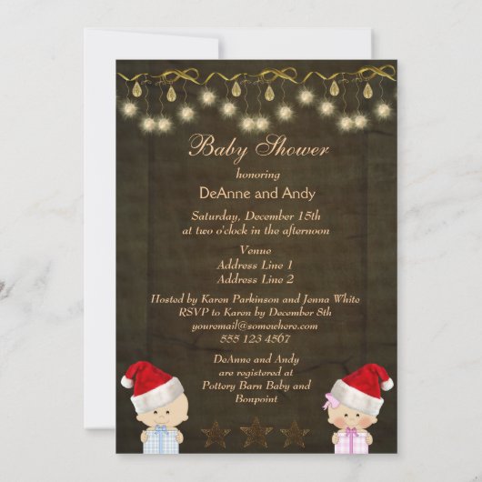 男の子及び女の子の双生児のクリスマスのベビーシャワー 招待状 (裏面)