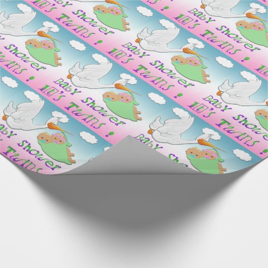 男の子及び女の子の双生児2 -こうのとりのベビーシャワーのギフト用包装紙 ラッピングペーパー (角)