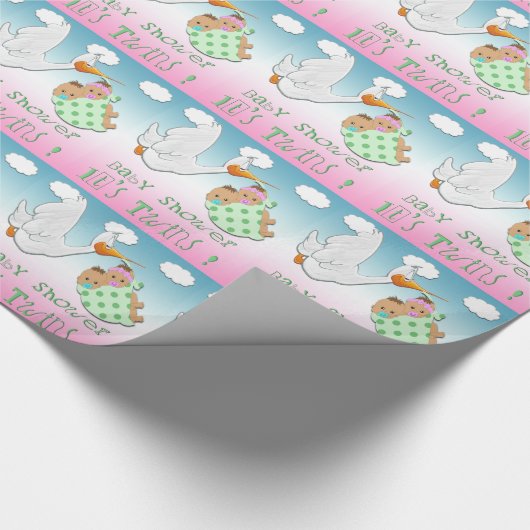 男の子及び女の子の双生児-こうのとりのベビーシャワーのギフト用包装紙 ラッピングペーパー (角)