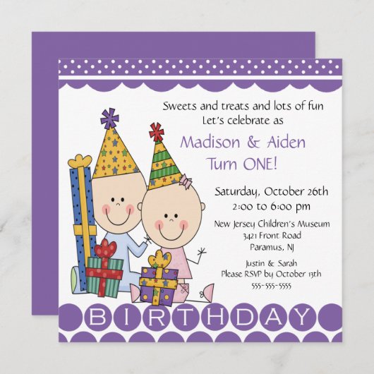 男の子及び女の子の棒の姿の双生児の誕生日の招待状 招待状 (正面/裏面)