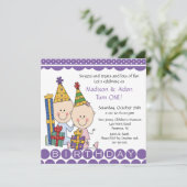 男の子及び女の子の棒の姿の双生児の誕生日の招待状 招待状 (スタンド正面)