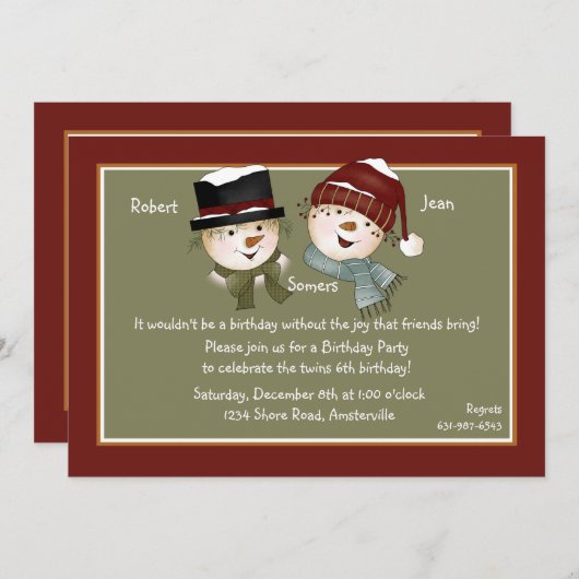男の子及び女の子の雪だるま-誕生日のパーティの招待状 招待状 (正面/裏面)