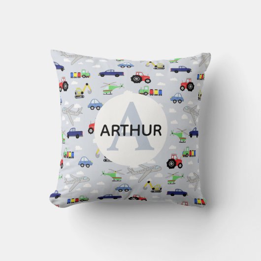 男の子可愛い車のトラックトラクター飛行機と名前キッズ クッション (正面)
