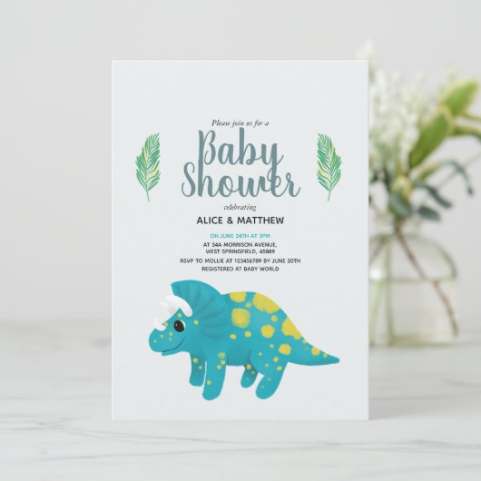男の子可愛い青いジャングルTレックス恐竜の赤ちゃんシャワー 招待状 (スタンド正面)