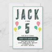 男の子向けキュートなモダン ダークグリーンテーマ 誕生日5歳 招待状 (正面)