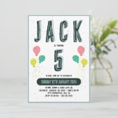 男の子向けキュートなモダン ダークグリーンテーマ 誕生日5歳 招待状 (スタンド正面)