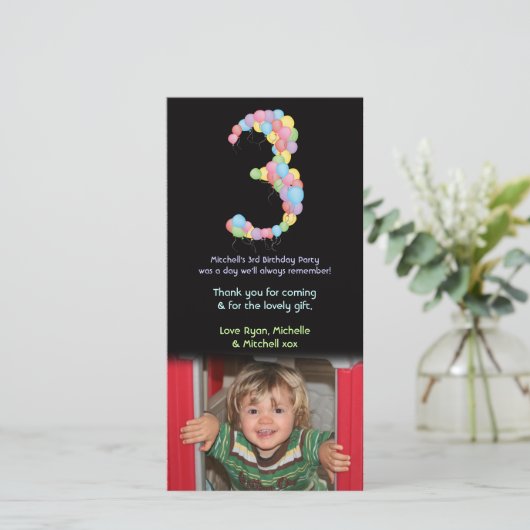 男の子女の子3歳の誕生日バルーン写真ありがとう サンキューカード (スタンド正面)
