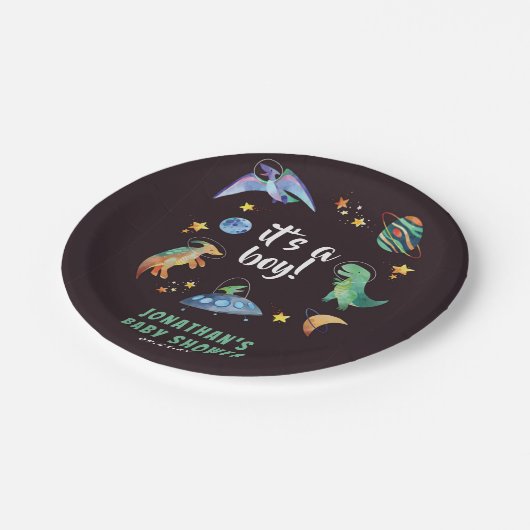 男の子宇宙恐竜銀河系赤ちゃんシャワーパーティー ペーパープレート (アングル)