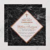 男の子最初のコミュニオンホワイトブラックマーブルカッパー 招待状 (正面/裏面)