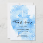 男の子最初の神聖な聖体空の青い水色 招待状 (正面)