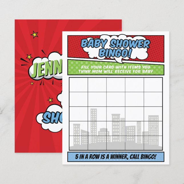 男の子漫画ブックスーパーヒーローベビーシャワービンゴゲーム (正面/裏面)