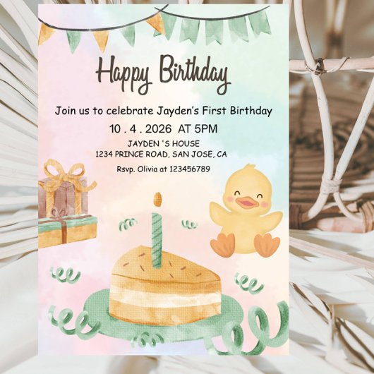 男の子用1歳の誕生日おめでとう - かわいいモダンブルーの1歳の誕生日 招待状