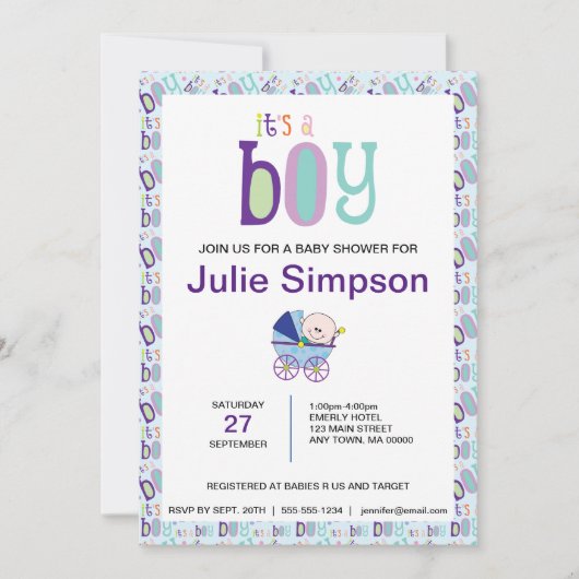 男の子男の赤ちゃんシャワー招待状 招待状 (正面)