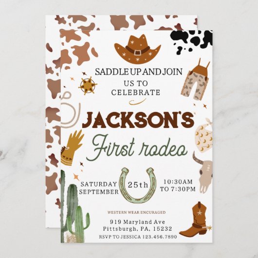 男の子私の最初のロデオカウボーイの1番目の誕生日 招待状 (正面/裏面)