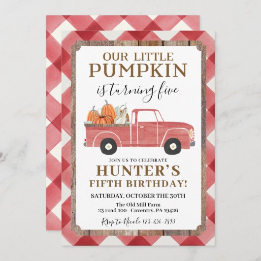 男の子秋誕生日パーティー任意の年齢レッドトラック 招待状 (正面/裏面)