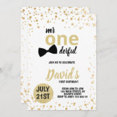 男の子第1誕生日ミスター·ワンダーフル·ファースト·誕生日金ゴールド 招待状 (正面/裏面)