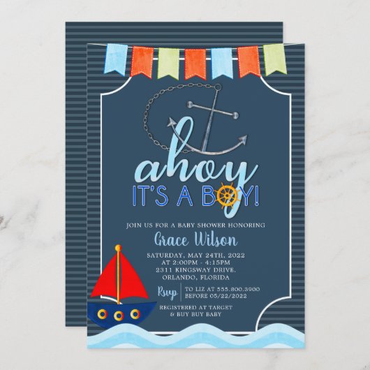 男の子航海のいかりボートベビーシャワー招待状 招待状 (正面/裏面)