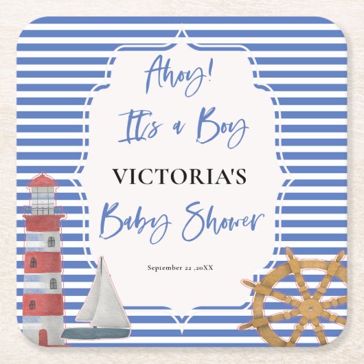 男の子航海のの赤ちゃんシャワー スクエアペーパーコースター (正面)