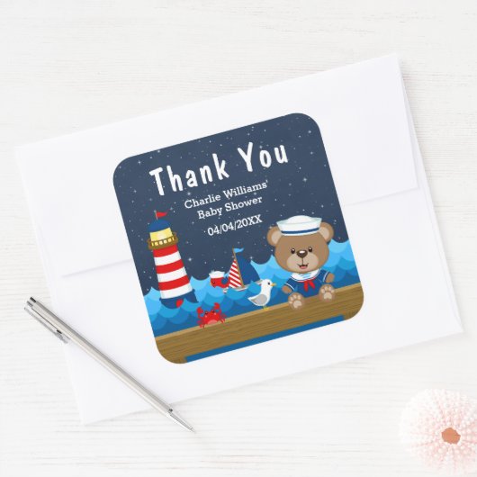 男の子航海の熊赤ちゃんシャワーありがとう スクエアシール (封筒)