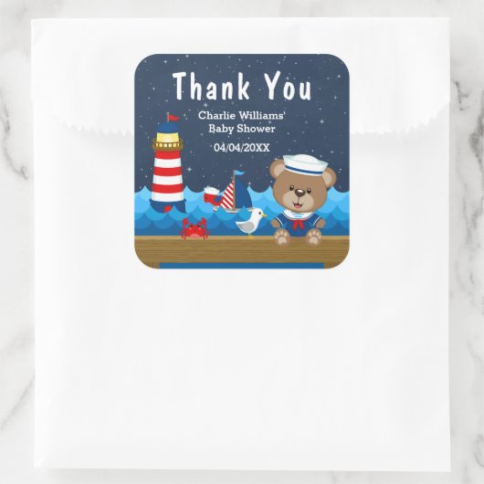 男の子航海の熊赤ちゃんシャワーありがとう スクエアシール (バッグ)