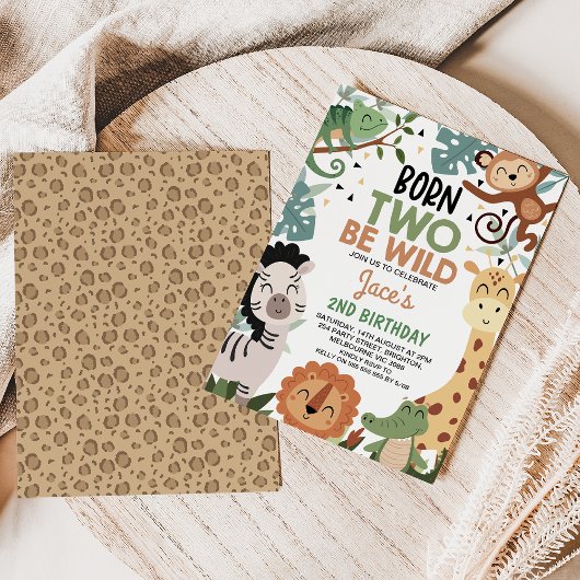 男の子茶色の生まれ緑2歳の野生の2番目の誕生日 招待状