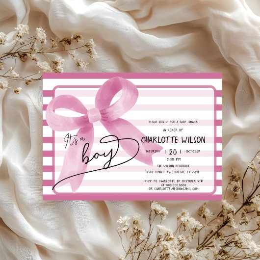 男の子誕生おめでとう ピンクの蝶ネクタイ ストライプ ベビーシャワー 招待状