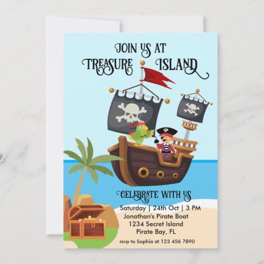 男の子誕生日カスタマイズ可能な海賊パーティー 招待状 (裏面)