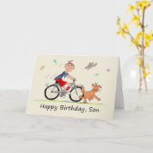 男の子誕生日自転車の漫画 カード (黄色い花)