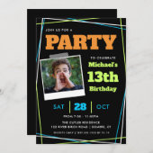 男の子誕生日13/Any Age, Blue Green Orange写真 招待状 (正面/裏面)