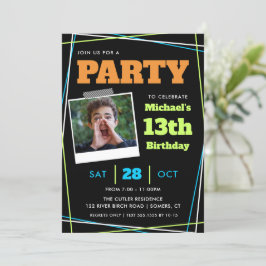 男の子誕生日13/Any Age, Blue Green Orange写真 招待状