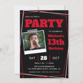 男の子誕生日13/Any Age, Red Black Photpo 招待状 (正面)