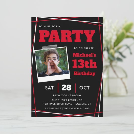 男の子誕生日13/Any Age, Red Black Photpo 招待状 (スタンド正面)