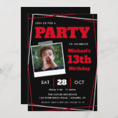 男の子誕生日13/Any Age, Red Black Photpo 招待状 (正面/裏面)