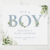 男の子誕生!ダスティーブルーのグリーン文字のベイビーシャワー スパークリングワインラベル (シングルラベル)