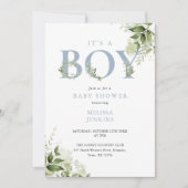 男の子誕生!ダスティーブルー×グリーン QRコード ベビーシャワー 招待状 (正面)