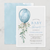 男の子誕生 ブルー風船 リボン 緑の植物 ベビーシャワー 招待状 (正面/裏面)