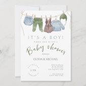 男の子誕生！水彩画風の可愛い衣類　ベビーシャワー 招待状 (正面)
