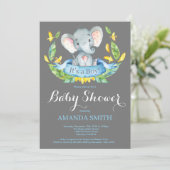 男の子象のベビーシャワーの招待状の青および灰色 招待状 (スタンド正面)