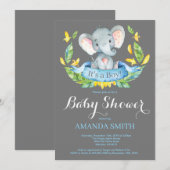 男の子象のベビーシャワーの招待状の青および灰色 招待状 (正面/裏面)