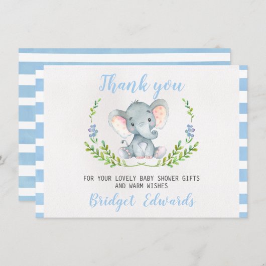 男の子象はベビーシャワーカード感謝していしています サンキューカード (正面/裏面)
