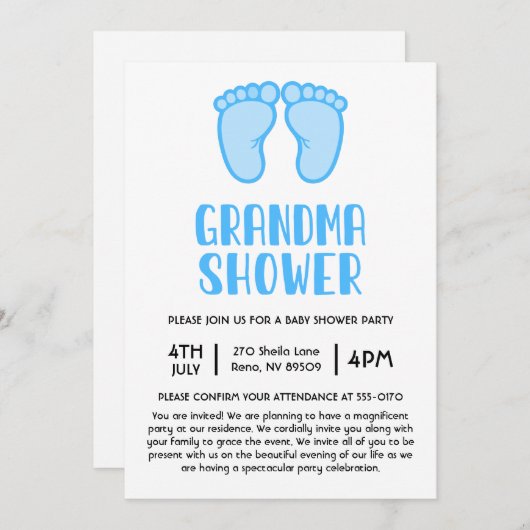 男の子足初めておばあちゃんの赤ちゃんシャワー 招待状 (正面/裏面)